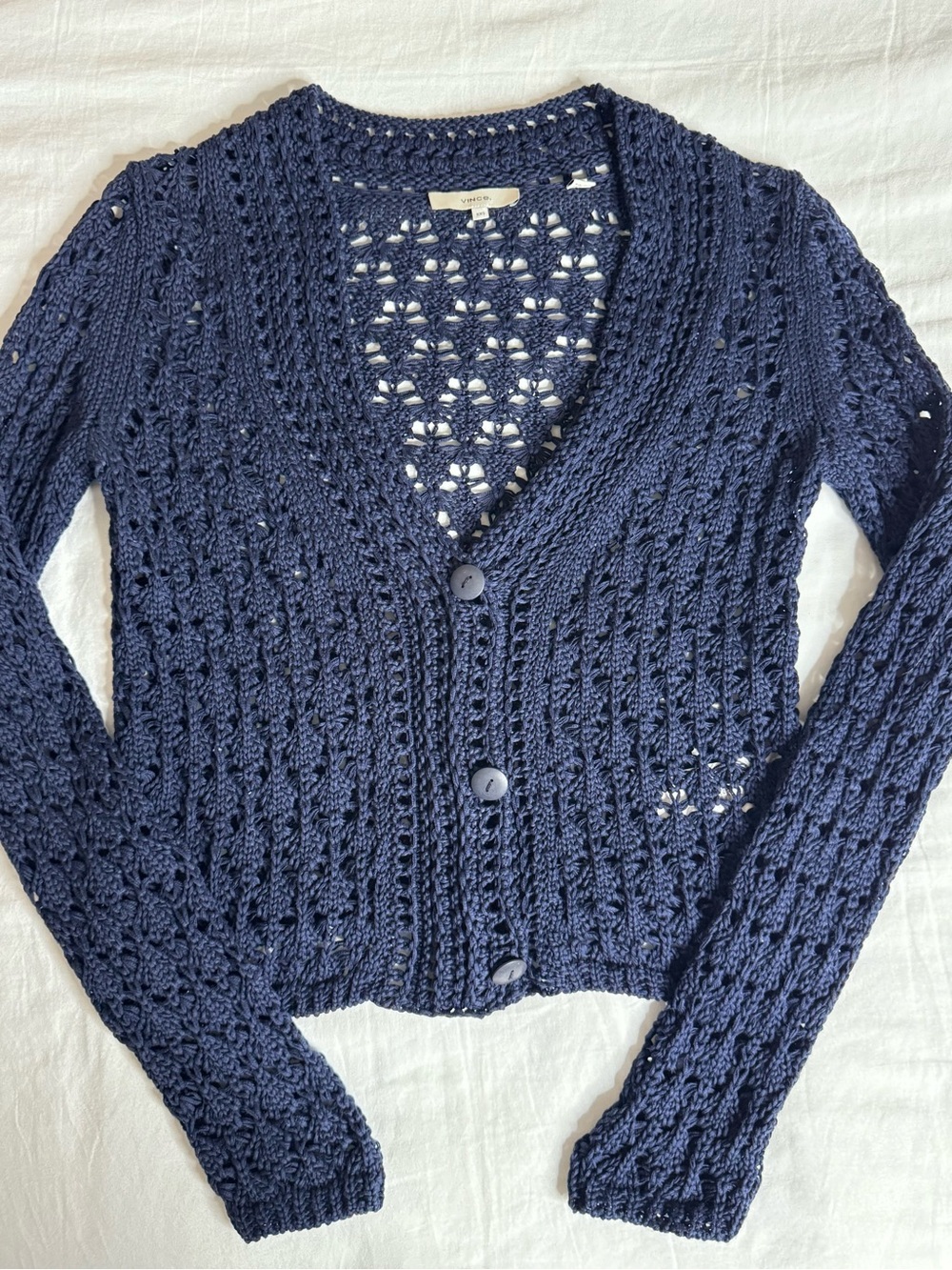 Vince Navy Open Knit Crochet Button Front Cardigan Size XXS